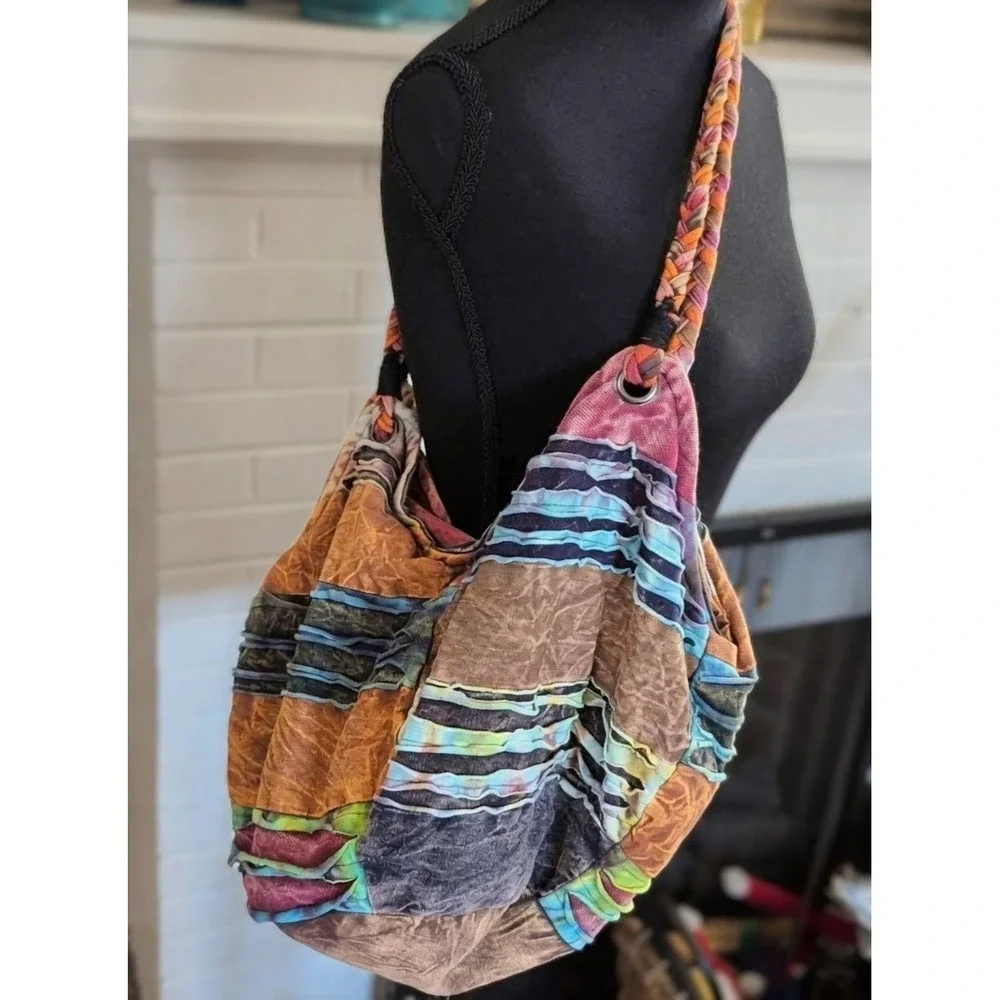 BOHO Purse with Braided Shoulder Straps Super Cute Cotton Blend Hobo Design